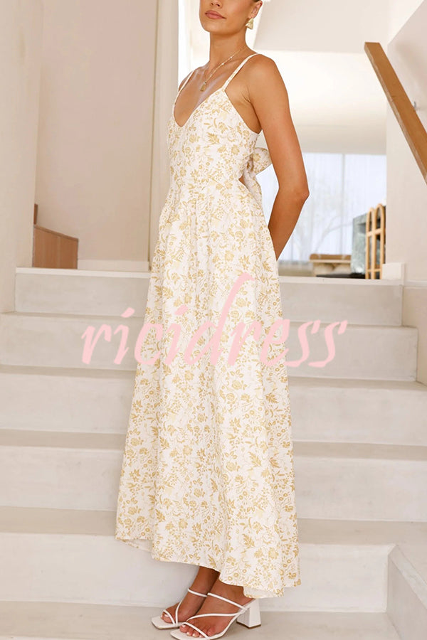 Floral Print V-Neck Sleeveless Back Tie Pocket Maxi Dress