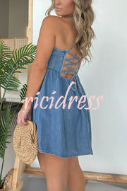 Sexy Halter Neck Backless Front Zip Denim Mini Dress