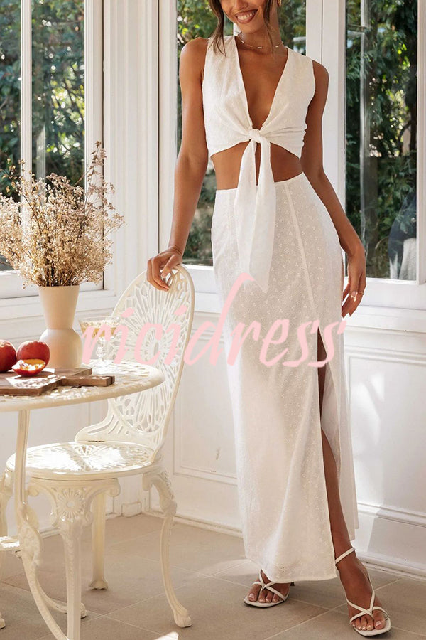 Solid Color Hollow Embroidery V-neck Lace-up Top and Slit Maxi Skirt Set