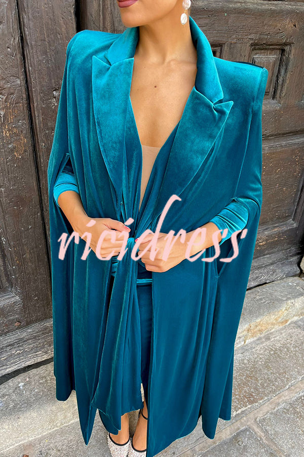Olivienne Luxurious Velvet Padded Shoulders Slit Sleeve Lapel Midi Cape
