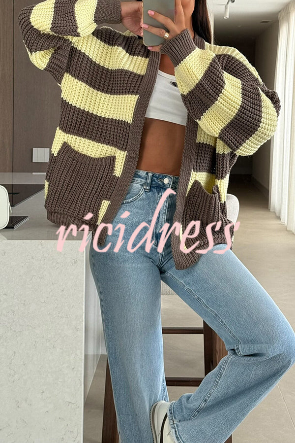Fashionable Patchwork Striped Casual Pocket Knitted Sweater
