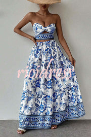 Floral Print Cutout Bandeau Top and Elastic Waist Full Maxi Skirt Set