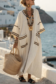 Striped Print V-Neck Casual Loose Pocket Maxi Dress