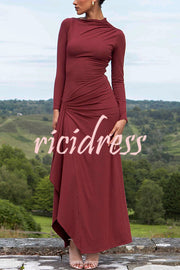 Venus Long Sleeve Ruched Side Slit Drape Ruffles Back Lace-up Stretch Maxi Dress