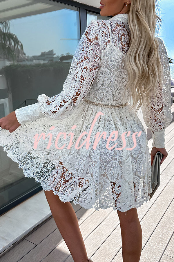 Lace Hollow Button Long Sleeve Mini Dress