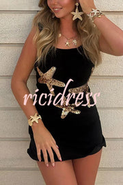 Beachside Dreams Starfish Sequin Wave Hem Stretch Tank Mini Dress