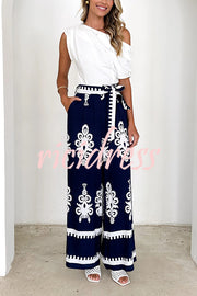 Unique Ethnic Print Belted Casual Pocket Wide Leg Pants