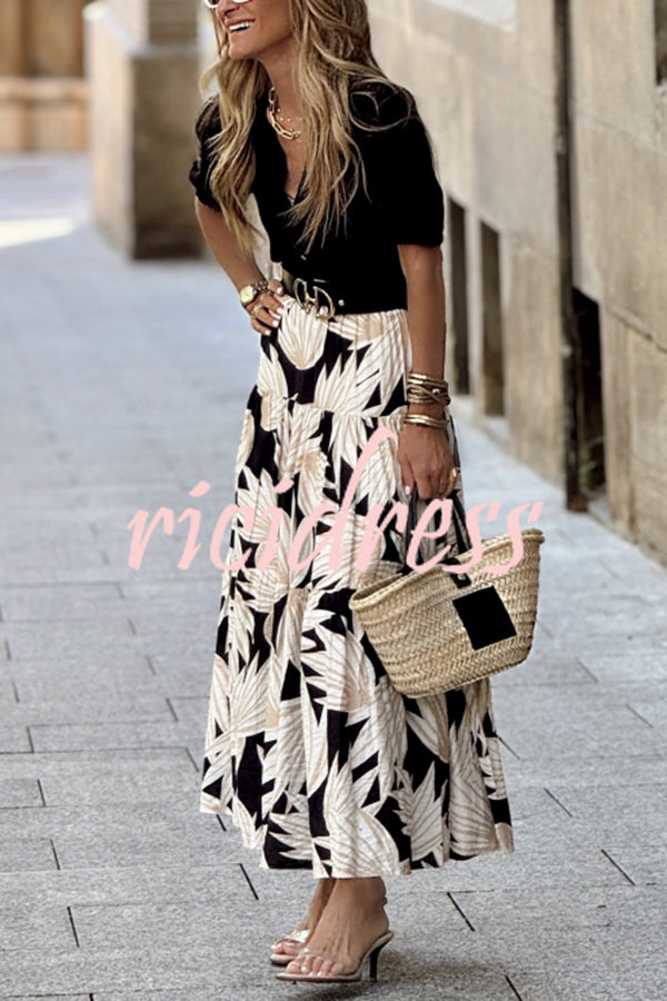 Resort Style Botanical Print Elastic Waist Loose Stitching Midi Skirt