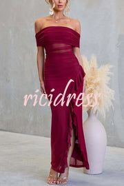 Sexy Mesh Off-shoulder Slim Fit Ruffled Slit Maxi Dress