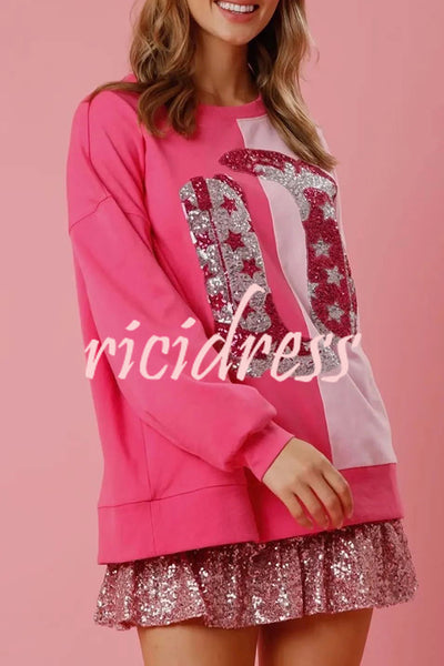 Valentine's Day Sequin Boots Color Block Long Sleeve Sweatshirt