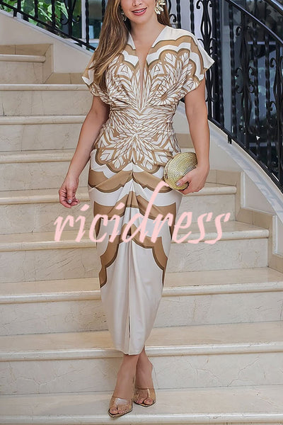 Feona Satin Unique Print V-neck Wide Sleeve Ruched Waist Slit Midi Dress