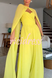 Romantic Party Chiffon Off Shoulder Sweetheart Neck Ruched Cape Maxi Dress