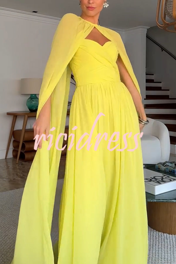 Romantic Party Chiffon Off Shoulder Sweetheart Neck Ruched Cape Maxi Dress