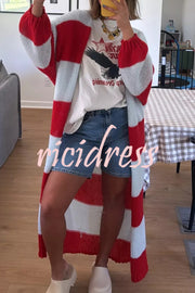 Fashionable Contrast Stripes Lazy Style Loose Long Knitted Cardigan