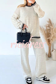 Life Memories Knit Contrast Stitch Trim Pullover Sweater and Stretch Loose Pants Set