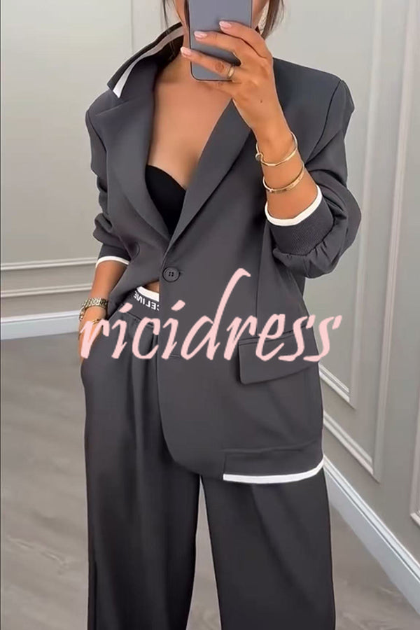 Fashion Sports Style Ribbed Colorblock Lapel Blazer and Elastic Waist Pocket Loose Pants Set