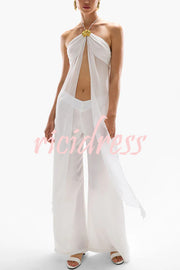 Lily Metal Flower Front Slit Halter Midi Top and V-waist Wide Leg Pants Set