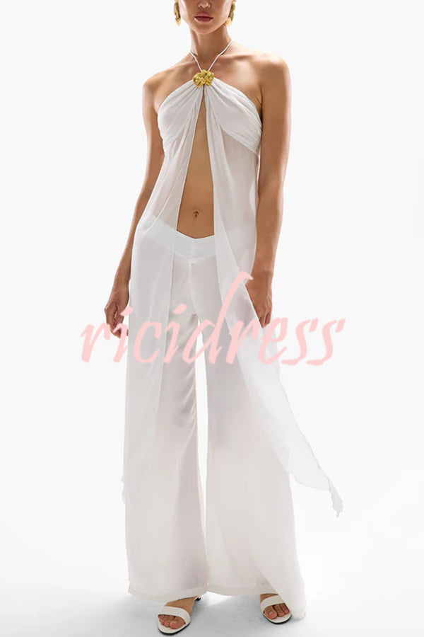 Lily Metal Flower Front Slit Halter Midi Top and V-waist Wide Leg Pants Set