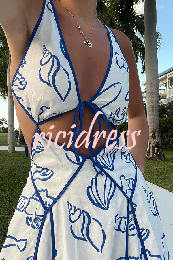 Love The Coastline Linen Blend Unique Print Cutout Tie-up Backless Maxi Dress