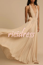 Ethereal Moment Tulle Cutout Ruched Waist Backless Halter Maxi Dress