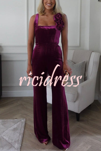 Wine Tasting Velvet Rose Design Wide Straps Flared Jumpsuit