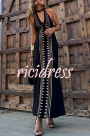 Meret Gold Geometric Print Halter Backless Stretch Maxi Dress