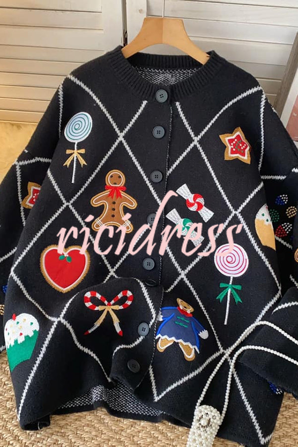 Argyle Candy Gingerbread Man Embroidered Button-knit Cardigan