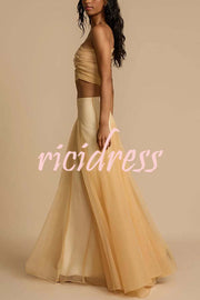 Romance Factor Satin Patchwork Tulle High Rise Elastic Waist A-line Maxi Skirt