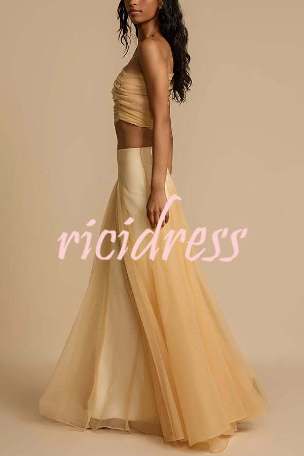 Romance Factor Satin Patchwork Tulle High Rise Elastic Waist A-line Maxi Skirt