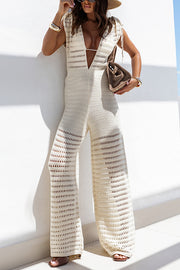 Solid Color Knitted V-neck Holiday Hollow Casual Jumpsuit