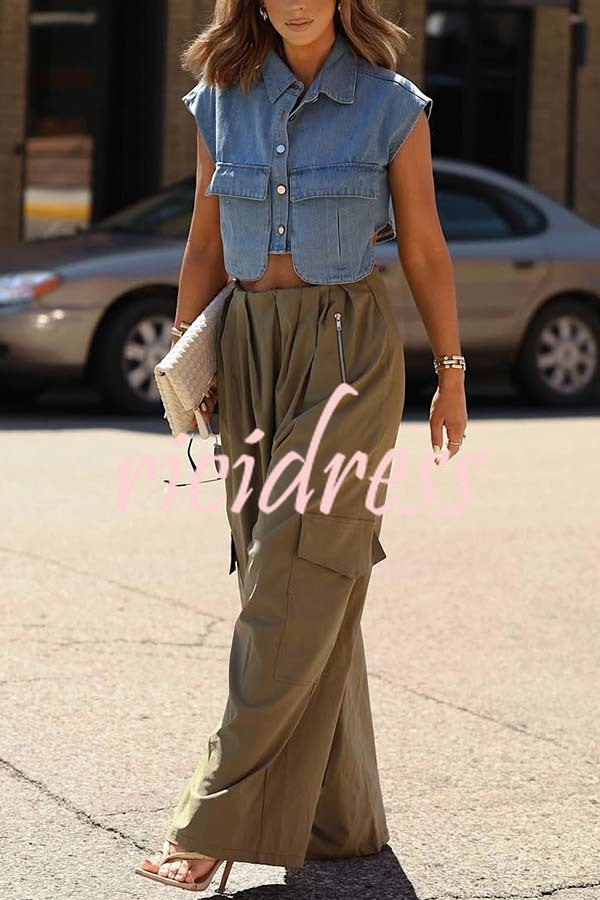 Great Week Pleated Elastic Waist Zipper Pocket Wide Leg Cargo Pants