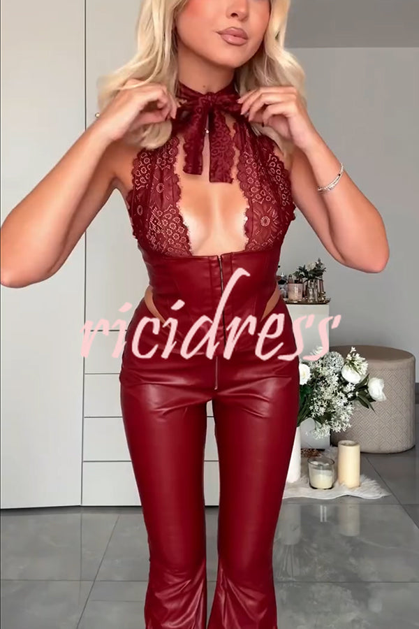 Style Challenge Stretch Faux Leather Lace Halter Tank and Zipper Waist Flare Pants Set