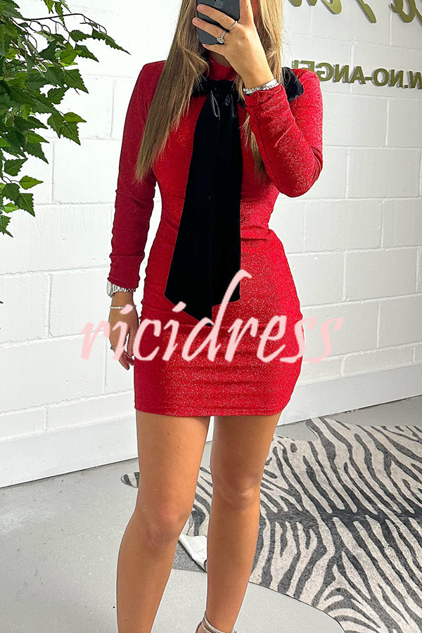 Fashion Sequin Long Sleeve Black Velvet Bow Mini Dress