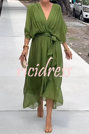 Solid Color V-neck Bat Sleeve Lace-up Irregular Hem Midi Dress