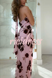 Rose Secret Printed Cowl Neck Halter Backless Maxi Dress