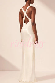 Modern Day Glam Satin Lace Trim V-neck Cross Back Maxi Dress