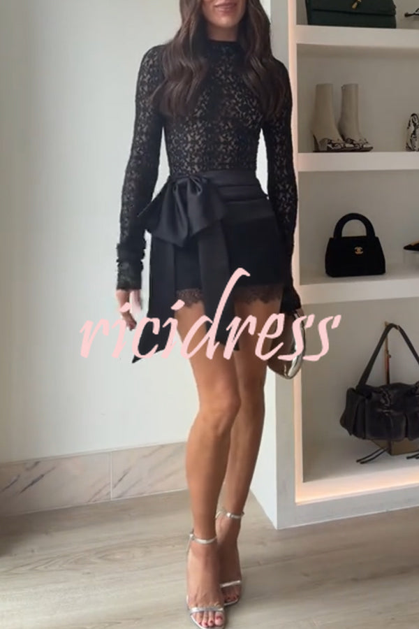 Anna Semi-sheer Lace Long Sleeve Back Bow Tie-up Cutout Stretch Bodysuit