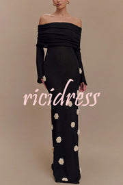 Timeless Sophistication Knit Off Shoulder Rose Detail Stretch Maxi Dress