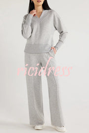 Weather Gets Cold Solid Color V-neck Top and Elastic Waist Pocketed Lounge Pants Set