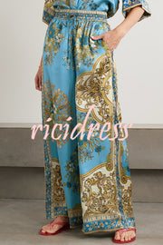Satin Floral Print Loose Shirt and Elastic Waist Pocket Casual Wide-leg Pants