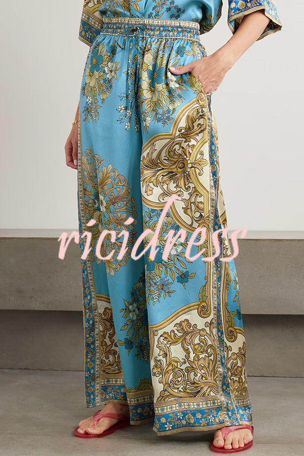 Satin Floral Print Loose Shirt and Elastic Waist Pocket Casual Wide-leg Pants
