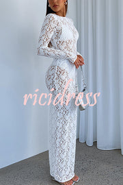 Solid Color Round Neck Long Sleeve Sexy Lace Slim Fit Cover-up Maxi Dress