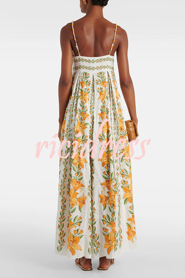 Summer Dreamer Linen Blend Unique Print Beaded Straps Pocketed Maxi Dress