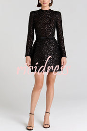 Edie Sequin High Neck Long Sleeve Satin Bow Belted Tulip Mini Dress
