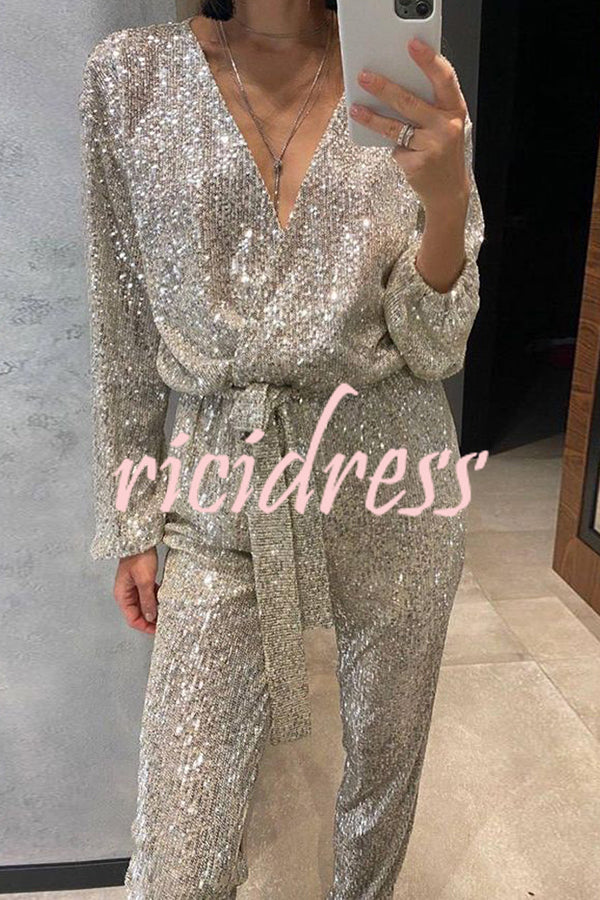 Cheers To You Sequin Long Sleeve Belted Wrap Loose Jumpsuit