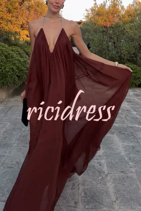 Flowing Lightweight Chiffon Chain Halter Neck Detail Backless A-line Maxi Dress
