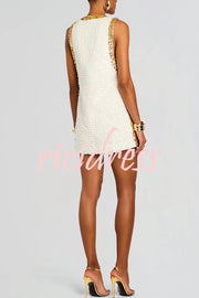 Cocktail Charm Sequin Colorblock Trim V-neck Sleeveless A-line Mini Dress