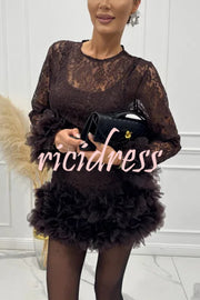 Alyssa Lace Fabric Tulle Layered Petals Trim Long Sleeve Mini Dress