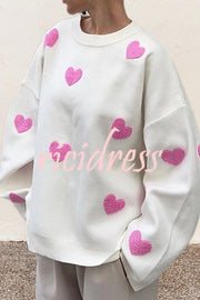 Fashionable Embroidered Love Loose Round Neck Long Sleeve Knitted Sweater