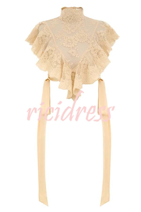 Salenia Lace Appliqué High Neck Side Tie-up Ruffle Cropped Top